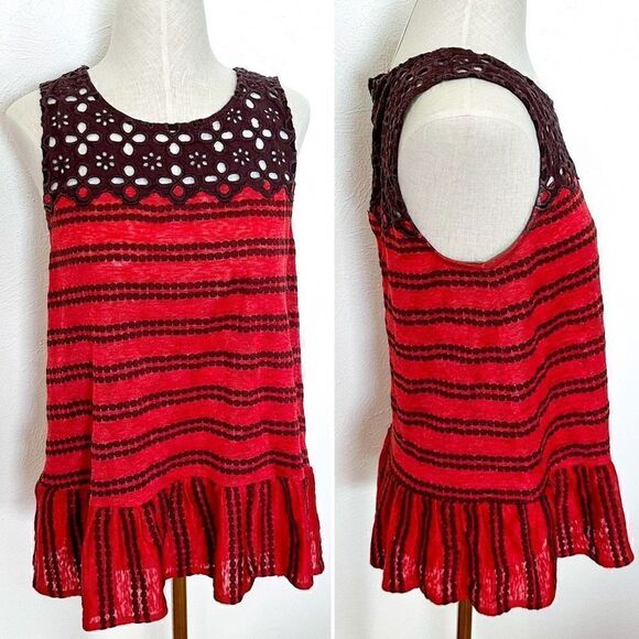 Free People Red Striped Molly Retro Peplum Eyelet Blouse M - Picture 2 of 3